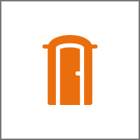 Black background with orange door graphic